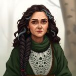 Grandmother concept art. Women with dark brown, silver streaked hair in braids.