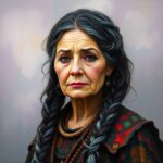 Grandmother concept art. Women with dark brown, silver streaked hair in braids.