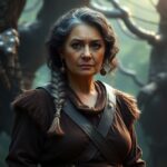 Grandmother concept art. Women with dark brown, silver streaked hair in braids.