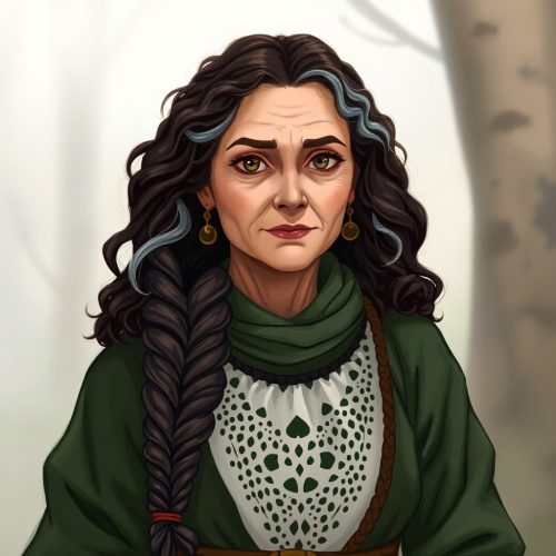 Grandmother concept art. Women with dark brown, silver streaked hair in braids.